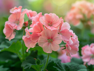 Obraz premium Delicate Pink Geraniums Blooming in a Summer Garden