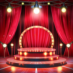 Circus stage podium background 3D carnival light red show curtain. Generative Ai