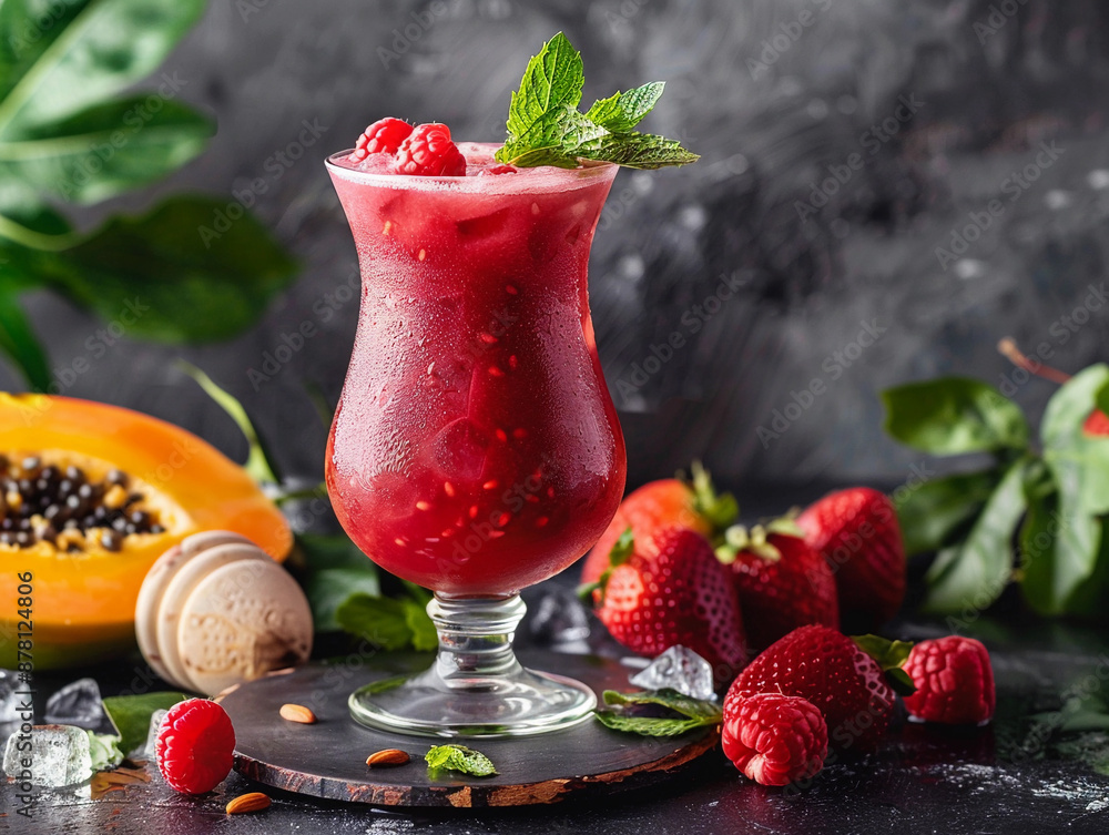 Poster refreshing raspberry and papaya smoothie with mint garnish