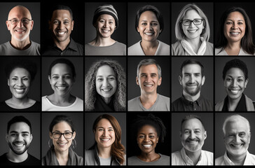 A diverse group of people smiling in portrait photos, showcasing different ethnicities and backgrounds, arranged in a grid format.