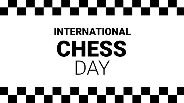 world chess day animation. Outline of chess piece with text in front of white background and green screen background. Chess day 20th July. Horizontal format