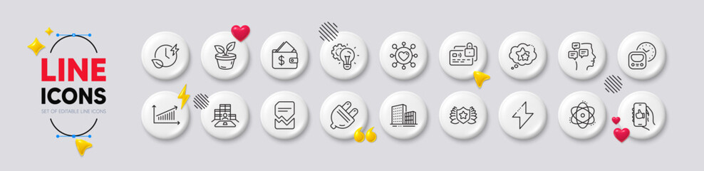 Like app, Card and Metro line icons. White buttons 3d icons. Pack of Idea gear, Laureate, Buildings icon. Ranking stars, Charging time, Energy pictogram. Chart, Wallet, Inventory. Vector