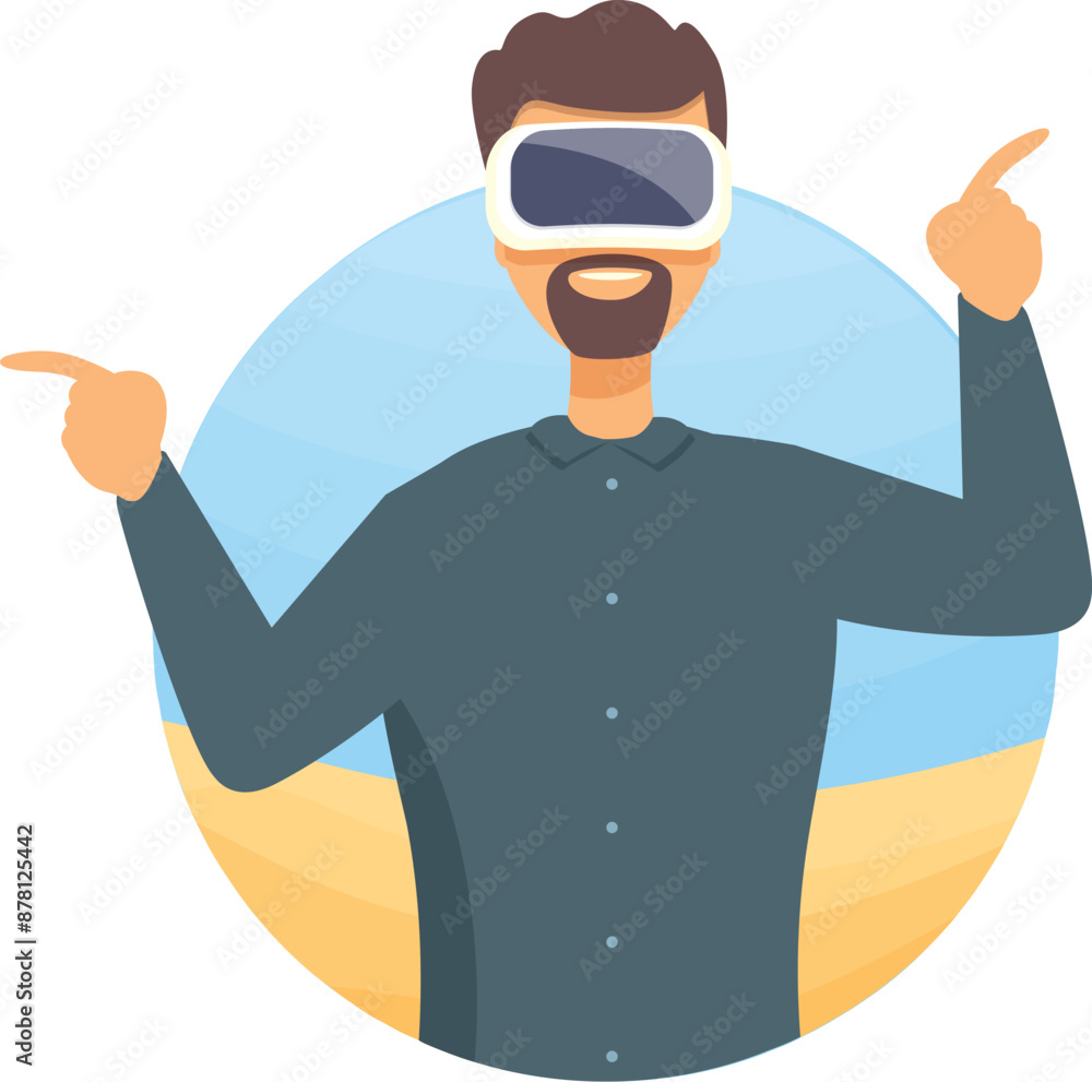 Poster man is wearing a vr headset and pointing with his index fingers in different directions