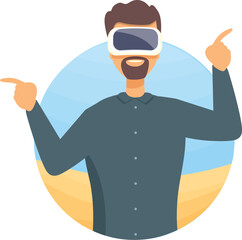 Man is wearing a vr headset and pointing with his index fingers in different directions