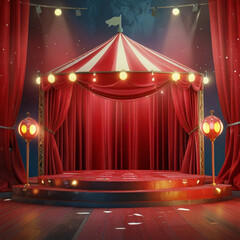 Circus stage podium background 3D carnival light red show curtain. Generative Ai