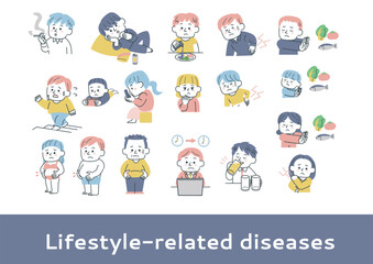 生活習慣病の原因になる行動をしている人々のイラスト