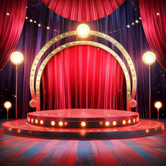 Circus stage podium background 3D carnival light red show curtain. Generative Ai