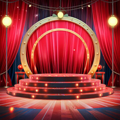 Circus stage podium background 3D carnival light red show curtain. Generative Ai