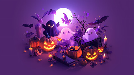 Halloween creature, 3D vector style cartoon characters of cute ghosts, bats and spider webs in different poses