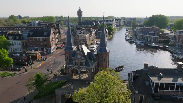 Drone view of Sneek City in a day with historic, iconic Watergate, waterpoort. Aerial Drone Shot in Snkeek, Netherlands