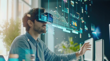 Skilled scientist using innovation technology to searching and analyzing data. Smart business man with VR glasses looking and planning marketing while checking stock market chart holographic. AIG42.