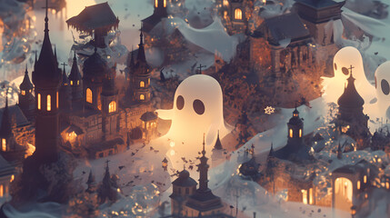 Halloween creature, 2D style cartoon characters of cute ghosts in town