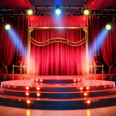 Circus stage podium background 3D carnival light red show curtain. Generative Ai