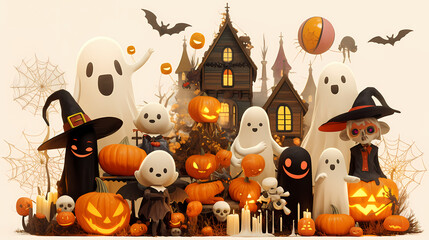 Halloween creature, 3D vector style cartoon characters of cute ghosts, bats and spider webs in different poses