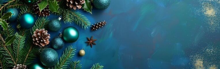 Festive Season: Pine Branches and Blue Ornaments