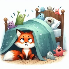 A cute little fox character is afraid of monsters under the bed. Childhood fears nightmares. Flat illustration on white background