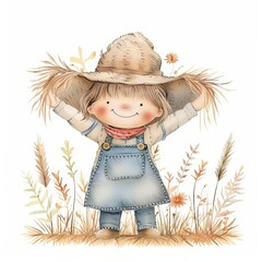 Scarecrow clipart, autumn decor element, watercolor illustration, cheerful colors, isolated on white background