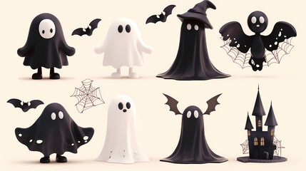 Halloween creature, 3D vector style cartoon characters of cute ghosts, bats and spider webs in different poses