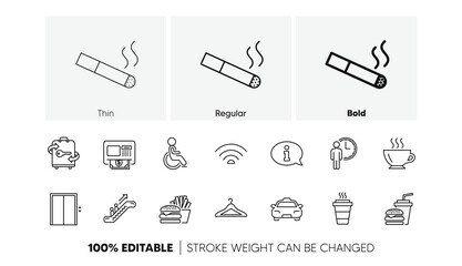 Elevator, Taxi and Wifi internet. Public services line icons. Fast food linear icon set. Line icons set. Vector