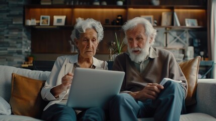 Fototapeta premium A couple sitting together on a couch, both focused on a laptop screen