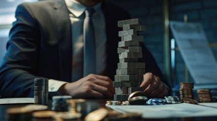 A person wearing a suit plays a game of dice on a table