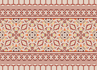 Traditional ethnic motifs ikat geometric fabric pattern cross stitch.Ikat embroidery Ethnic oriental Pixel brown background. Abstract,vector,illustration.