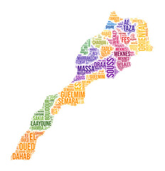 Morocco region word cloud. Country shape design. Morocco colored illustration. Region names collage cloud. Vector illustration.