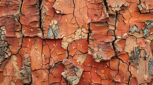 Closeup of red tree bark texture with cracks and peeling layers