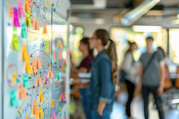 Creative team brainstorming and discussing strategies together in a modern office environment. Collaboration, teamwork, ideas generation, project planning, office culture.