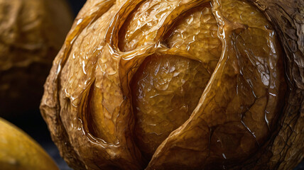 A close-up of an open walnut shell.