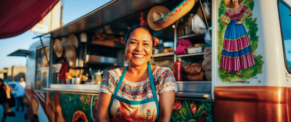 A woman stands cheerfully outside her food truck, ready to serve her customers. She wears a colorful blouse and a floral apron