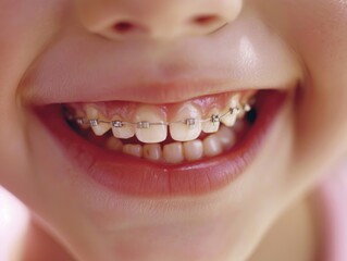 Fototapeta premium Close up shot of a child's teeth with metal braces, highlighting orthodontic treatment progress