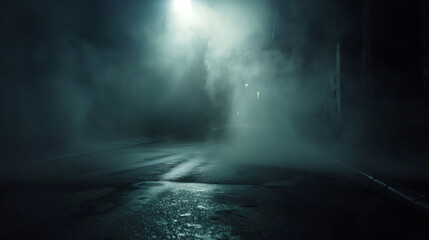 Mysterious foggy alleyway with a single street lamp at night