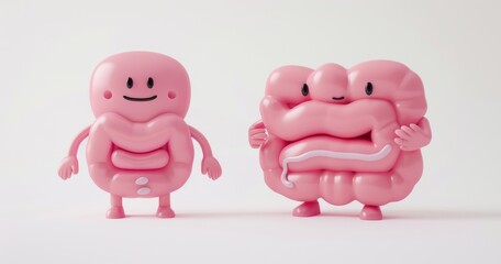 Cute 3D render of small and large intestine characters with smiling faces