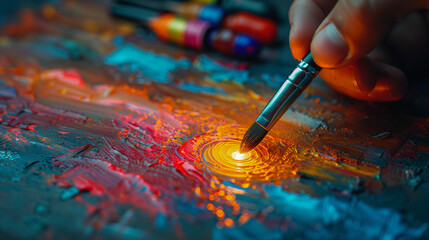 A hand delicately applies paint to a canvas, creating a glowing circle of yellow light against a backdrop of red, orange, and blue hues - Powered by Adobe