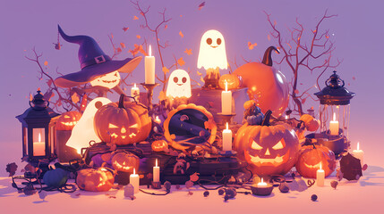 Halloween creature, 3D vector style cartoon characters of cute ghosts, bats and spider webs in different poses