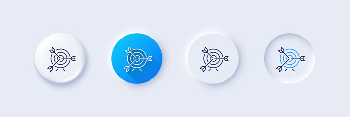 Target line icon. Neumorphic, Blue gradient, 3d pin buttons. Marketing targeting strategy symbol. Aim with arrows sign. Line icons. Neumorphic buttons with outline signs. Vector