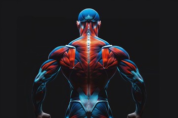 Digital illustration of muscular human body showing colorful anatomy and muscle structure