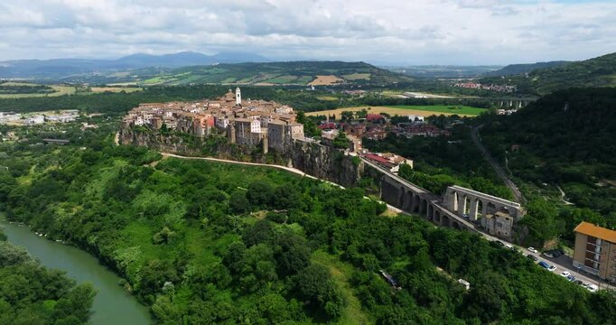 Medieval Town Of Orte In Tuscia Area of Lazio Along Tiber River In Italy. Aerial Drone Shot