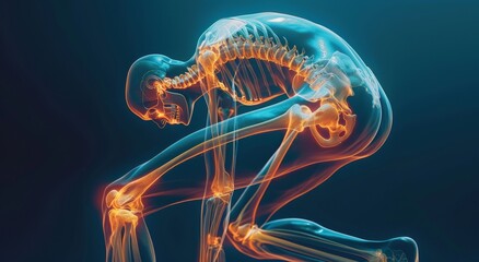 Fototapeta premium Digital X-ray visualization of human skeleton in kneeling position with highlighted bones and joints