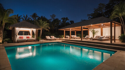 Fototapeta premium The image shows a swimming pool at night, with lounge chairs and a covered patio area. There are palm trees in the background.