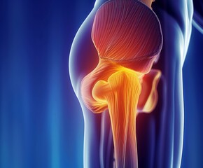 Medical illustration of gluteal muscles with hip joint highlighting anatomy and potential pain areas