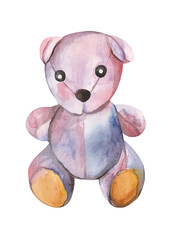 A watercolor illustration of a cute teddy bear with soft pastel colors. This adorable plush bear has a mix of pink, purple, and blue hues, making it perfect for children's themes, greeting cards, nurs