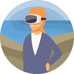 Woman wearing vr headset enjoying virtual reality experience on the beach, innovative technology for recreation and entertainment