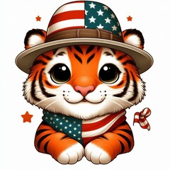 Cute cartoon tiger wearing a patriotic hat and scarf.  Perfect for 4th of July, Memorial Day, or any patriotic celebration.