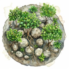 An overhead view of a mangrove reforestation project with seedlings being planted