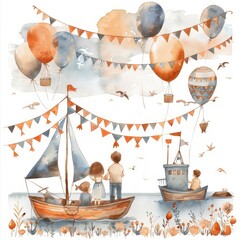 A watercolor depiction of a harbor festival with flags
