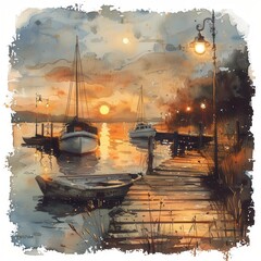 A peaceful sunset over a calm lake, with boats docked at a pier and the warm glow of streetlights illuminating the scene.