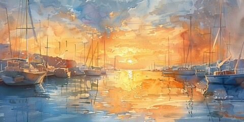 A serene view of a harbor at sunset