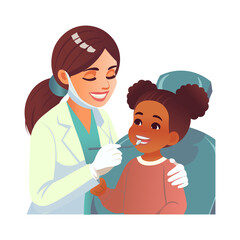 A child in a dentist's office. A little girl patient in a dental clinic for children, a female doctor in a medical gown and mask sits in a chair with a mirror for examining teeth and the oral cavity. 